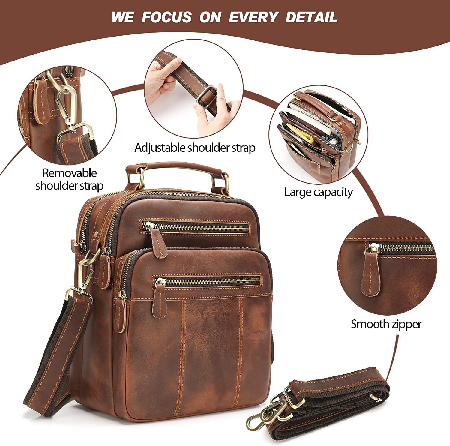 Jack&Chris Leather Man Purse Shoulder Bag,Small Mens Crossbody Messenger Bags for Work,Men Satchel Handbag - Image 5